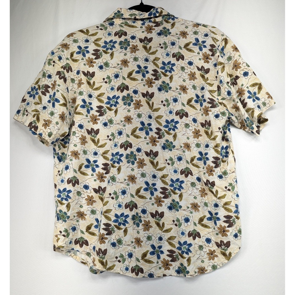 Tag Womens Floral Rayon Short Sleeve Button Up Shirt Blue Brown Cream Small - Picture 2 of 11